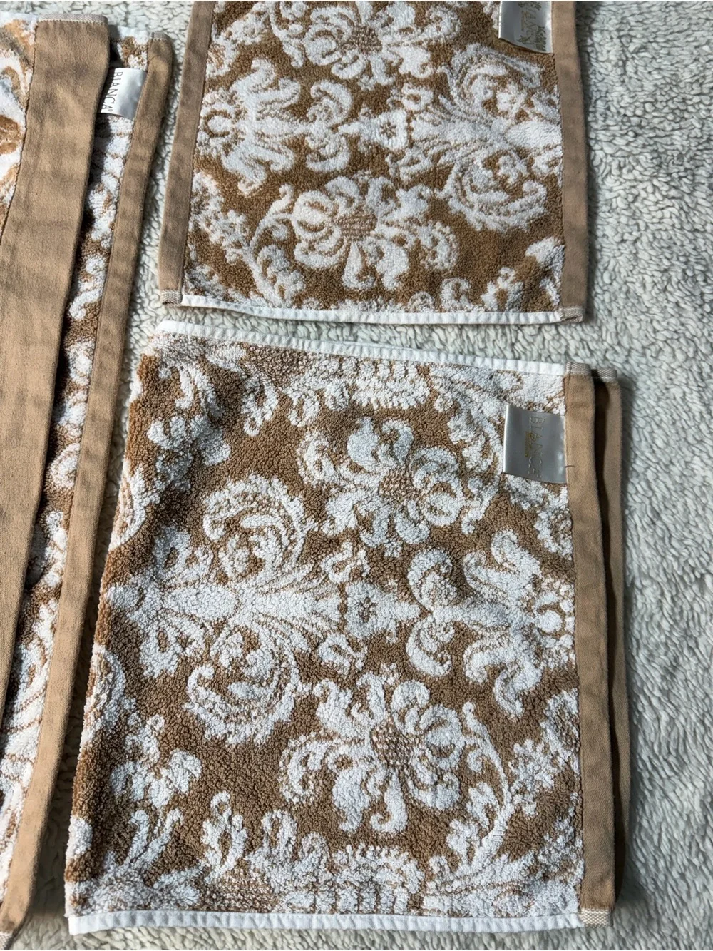 Bianca Exclusive 100% Cotton 3 piece Damask Pattern Towel Set in Beige and White